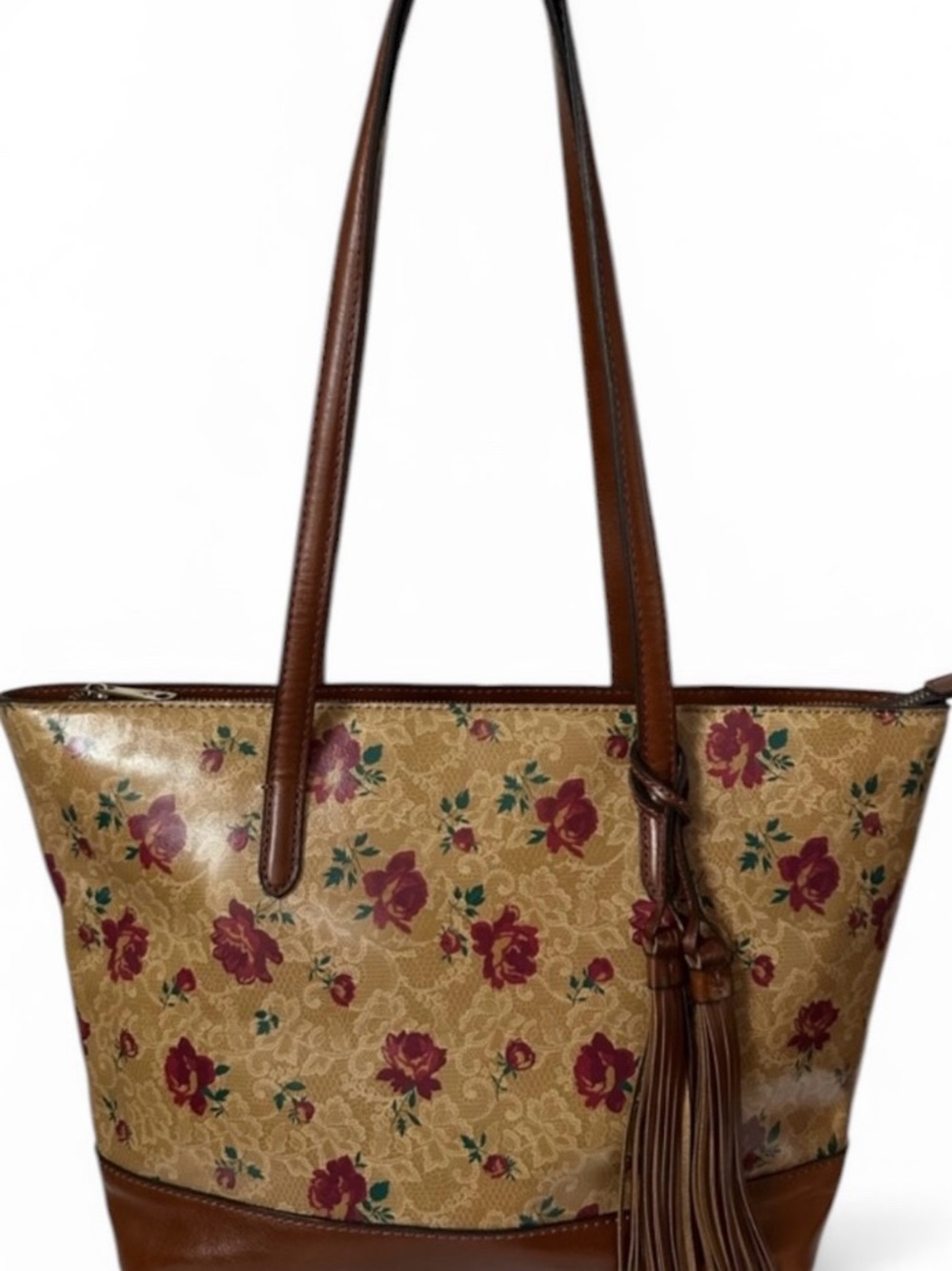 Patricia Nash Floral Print Tote Bag with Brown Leather Trim